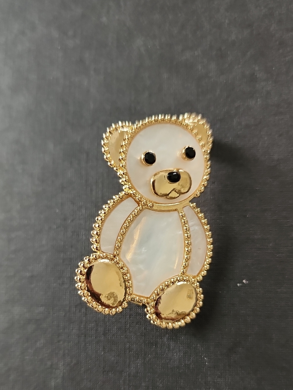 Teddy Bear Brooch Pin Gold Tone Pearlescent White
